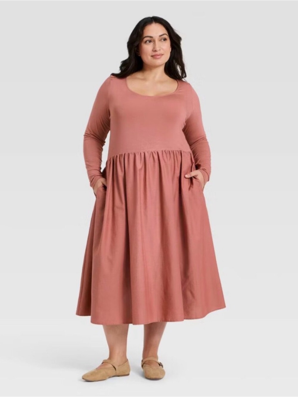Ava & Viv Plus 3X Mauve Long Sleeve Knit Midi A-Line Feminine Soft Girl Dress